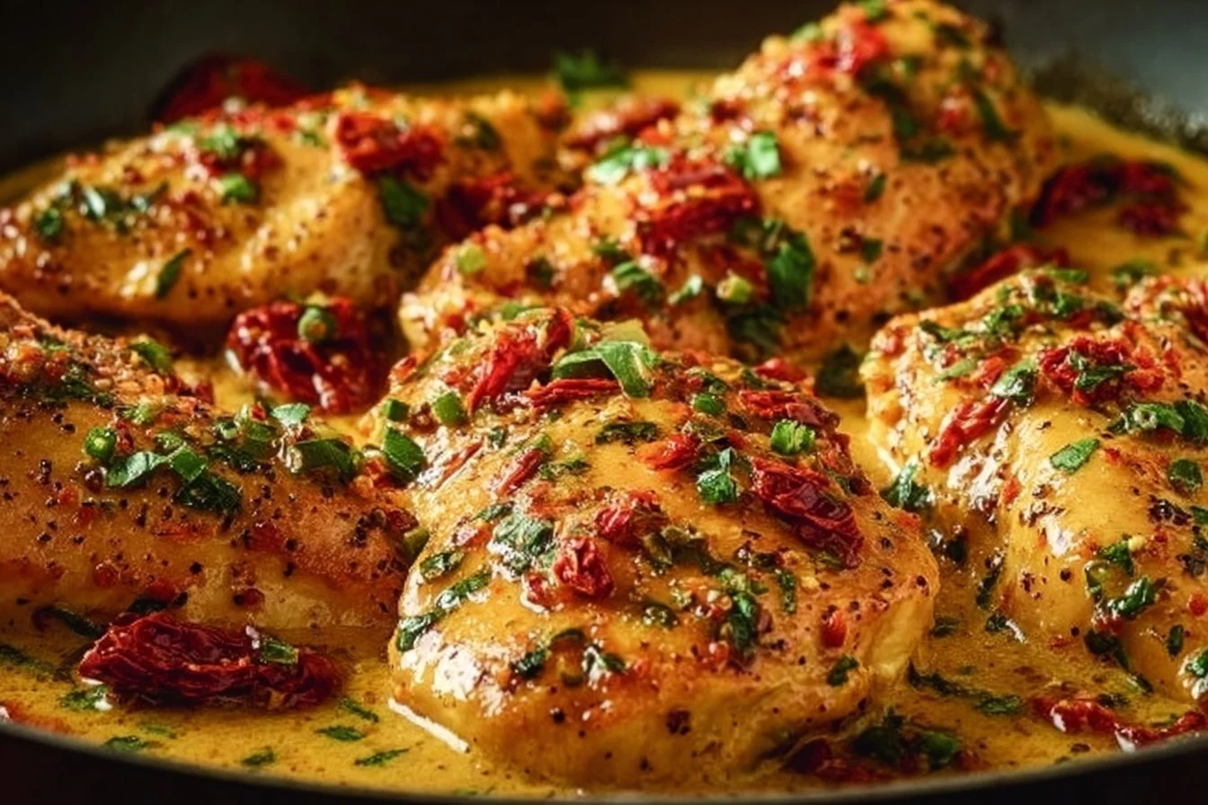 Delicious Marry Me Chicken served with herbs and creamy sauce on a plate