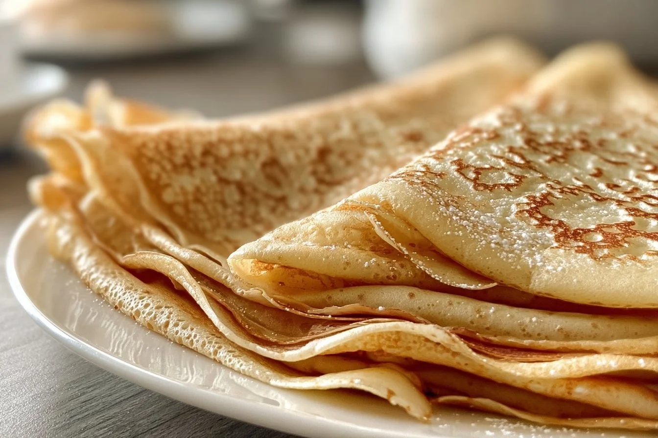 Delicious oatmeal crepes served with fresh fruits and syrup