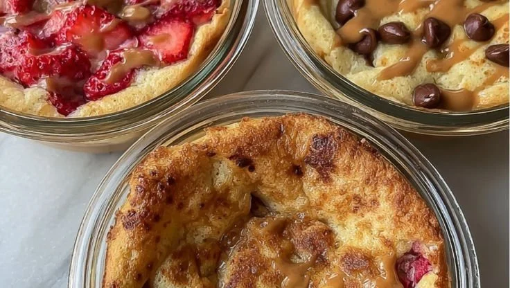 Delicious pancake bowls topped with fruits, syrup, and whipped cream.