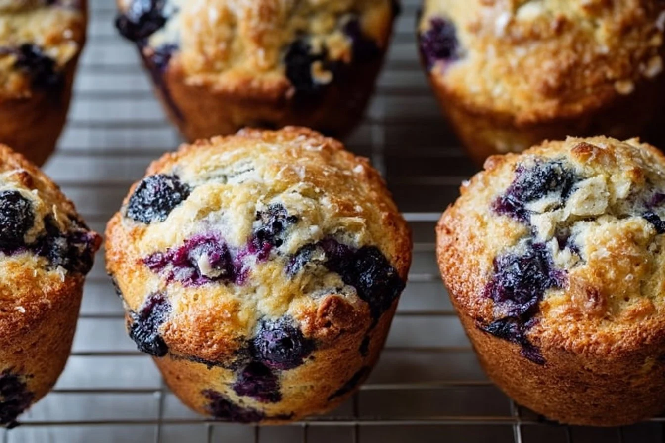 Protein Cottage Cheese Blueberry Muffins 4 Delicious protein cottage cheese blueberry muffins served on a plate