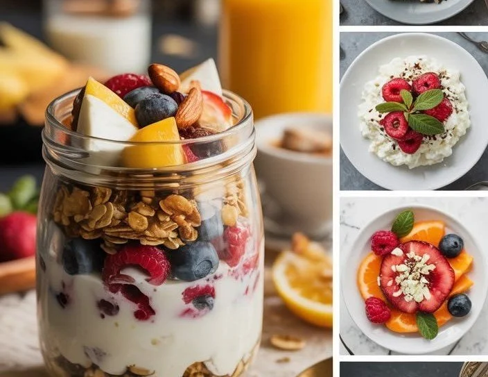 Plate of protein-packed breakfast ideas including eggs, yogurt, and nuts