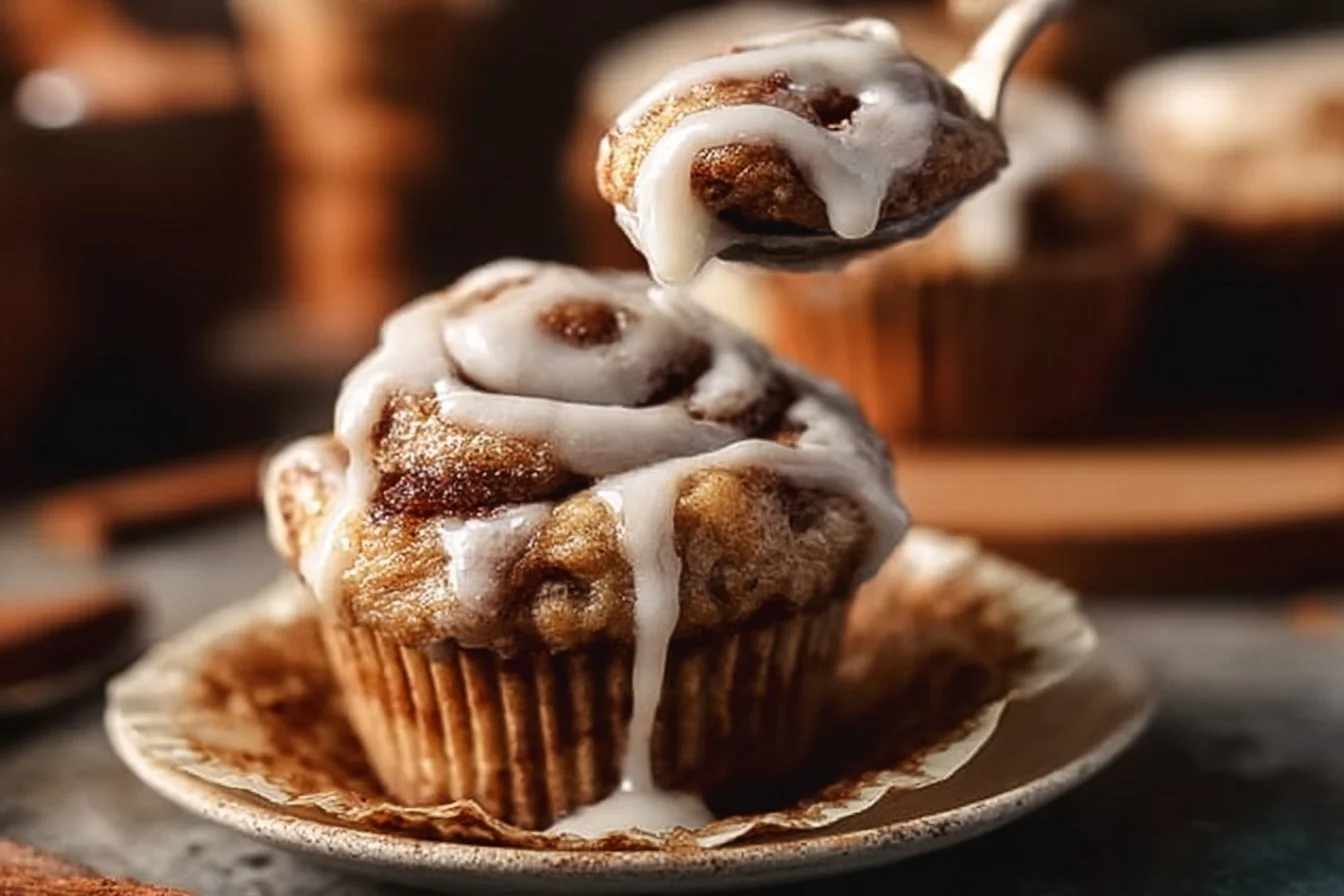 Delicious protein-packed cinnamon roll muffins topped with icing.