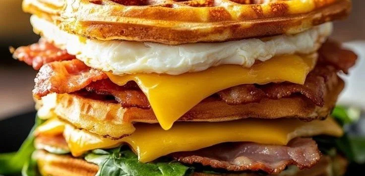 Healthy protein waffle sandwich loaded with toppings for a nutritious breakfast