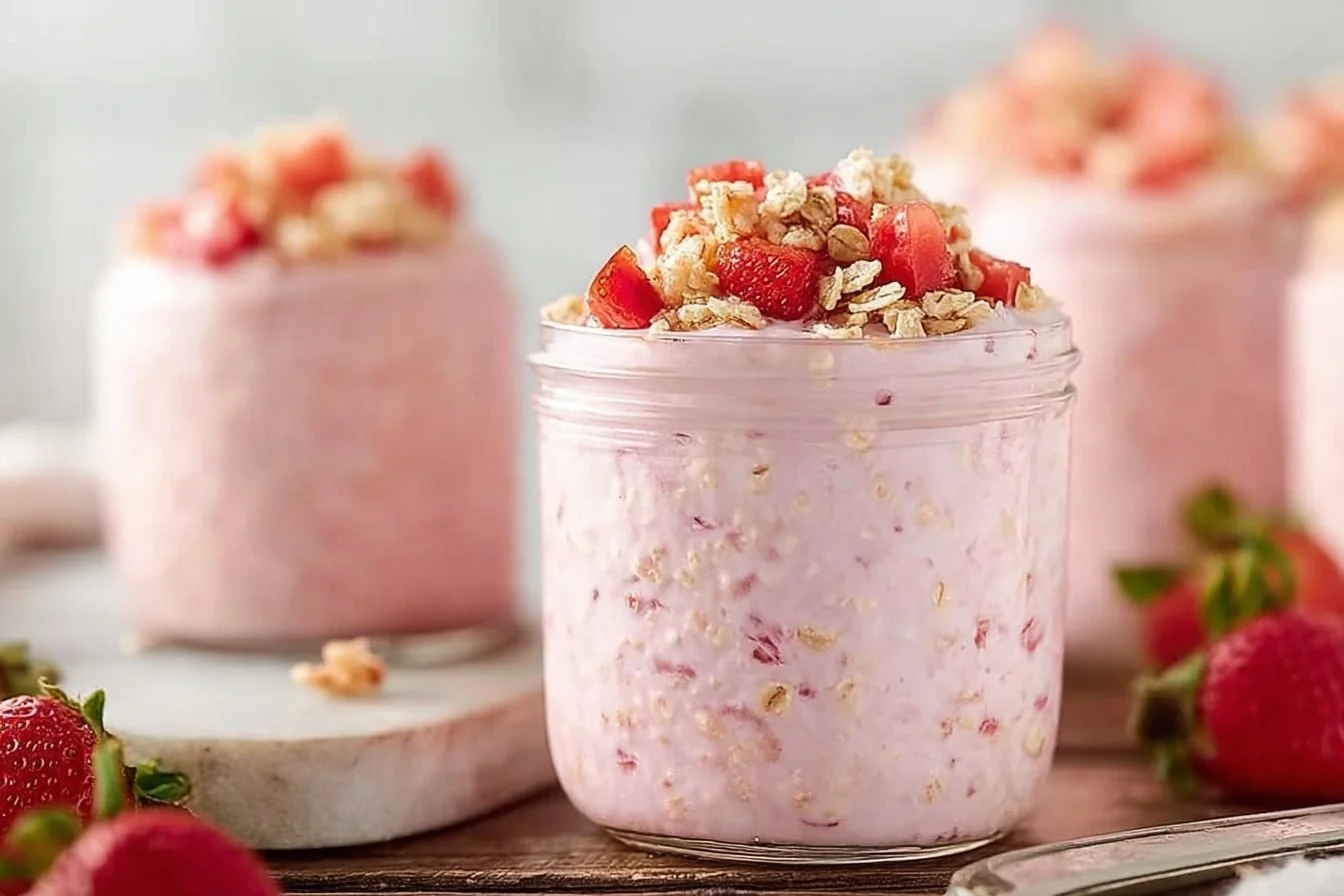 Delicious strawberry cheesecake overnight oats in a glass jar