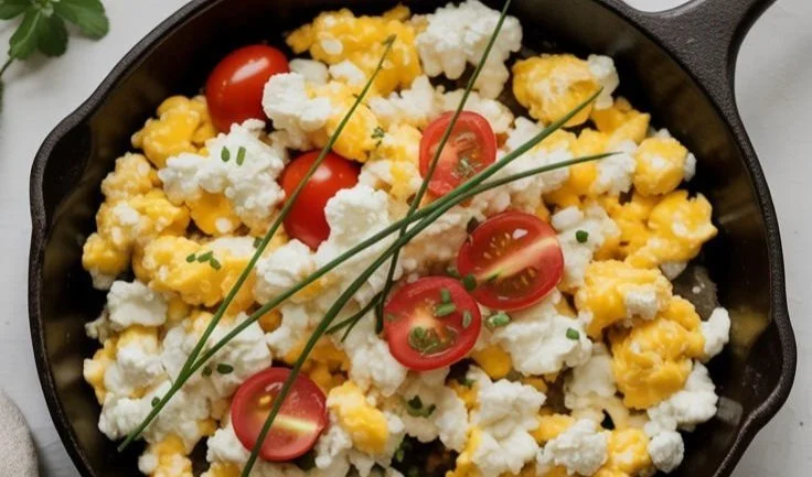 Cottage cheese egg white breakfast scramble in a bowl