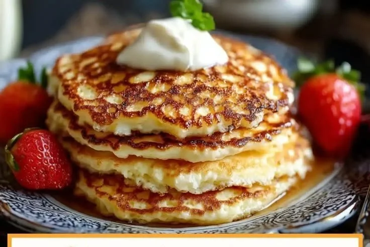 Flourless cottage cheese pancakes on a plate with fresh fruit and syrup