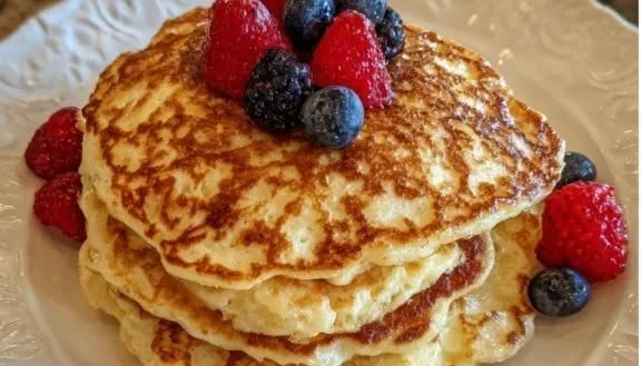Stack of fluffy cottage cheese pancakes topped with fruit and syrup