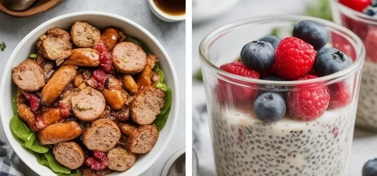 A delicious high-protein breakfast featuring eggs, yogurt, and berries.