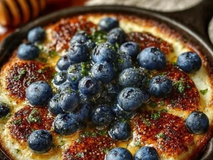 High-protein blueberry cottage cheese breakfast bake topped with fresh blueberries.