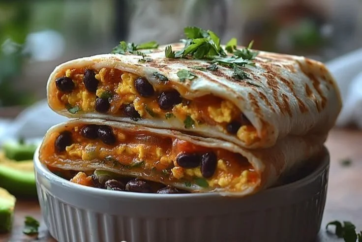 High Protein Breakfast Burrito Meal Prep 4 High protein breakfast burrito meal prep displayed on a wooden table