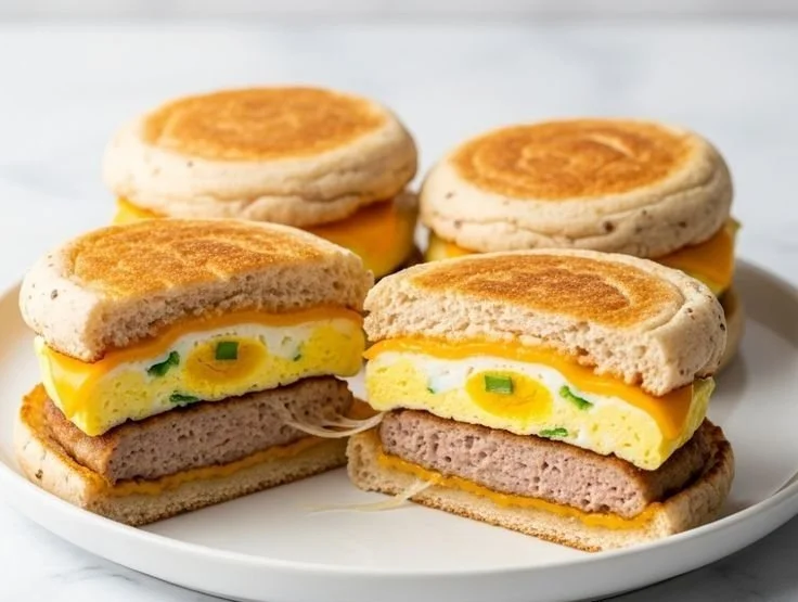 Delicious high-protein breakfast sandwiches on a wooden table.