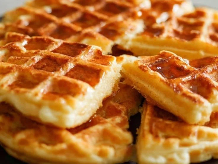 Fluffy protein powder waffles topped with fresh fruit and syrup on a plate